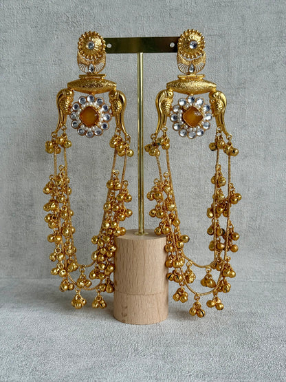 Ayura Designs Meelan Earrings – Antique Gold Earrings with Bird Motifs, Amber Stone & Ghungroo Detailing