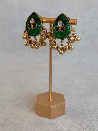 Ayura Designs Aykai Earrings – Emerald Green Carved Teardrop Stud Earrings with Clear Kundan Stones and Gold Ghungroo Drops