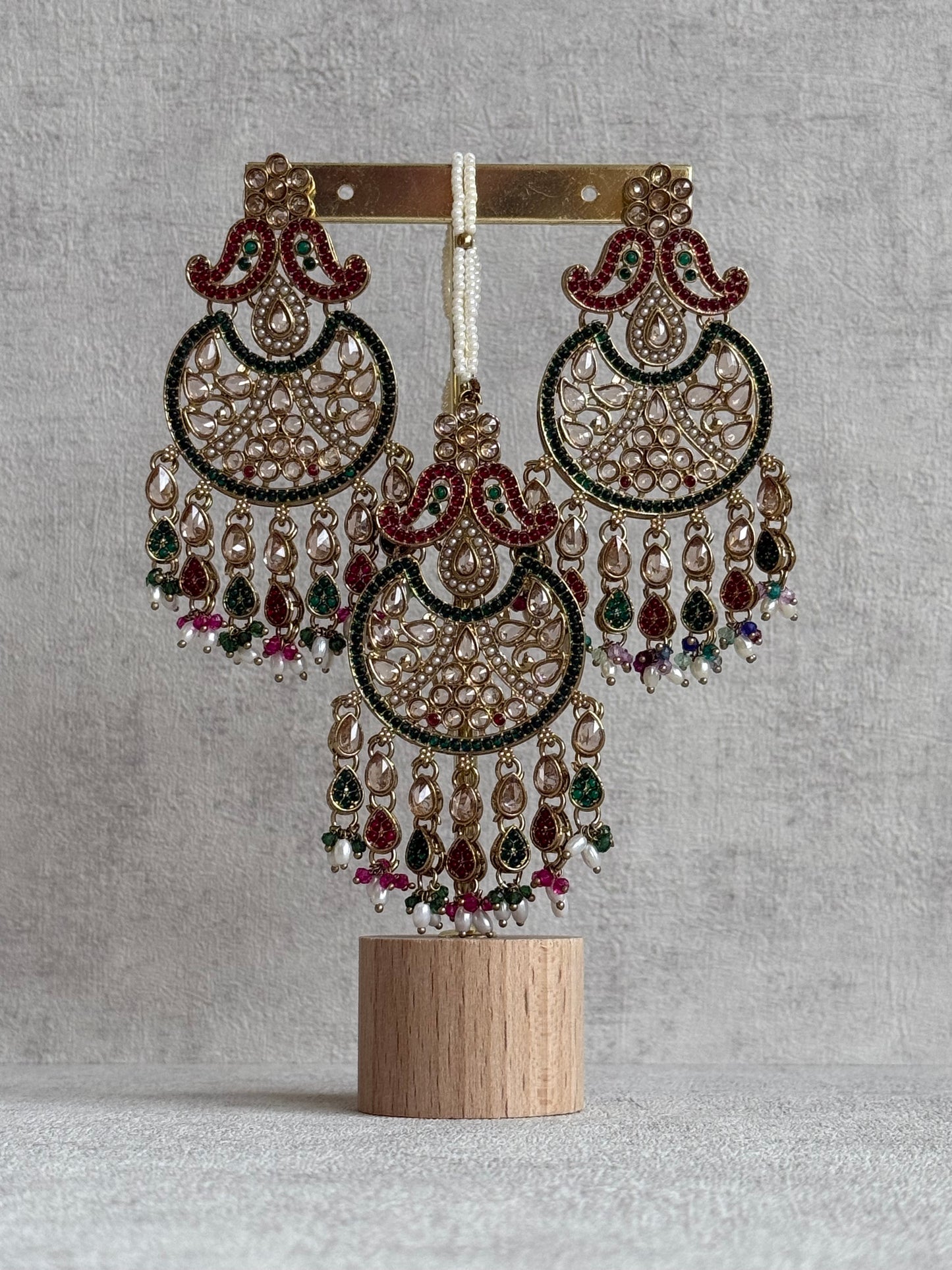 Ayura Designs Anvi Tikka Set with Earrings – Ruby Red & Emerald Green with Champagne Stones