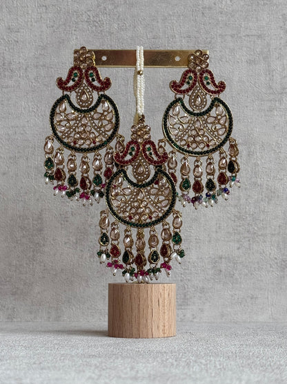 Ayura Designs Anvi Tikka Set with Earrings – Ruby Red & Emerald Green with Champagne Stones