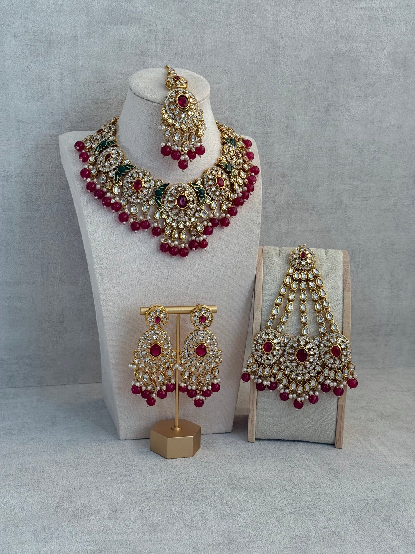 Ayura Designs Zara Set with Necklace, Earrings, Tikka & Passa – Antique Gold with Kundan Detailing & Rani Pink Beads