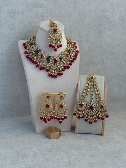 Ayura Designs Zara Set with Necklace, Earrings, Tikka & Passa – Antique Gold with Kundan Detailing & Rani Pink Beads