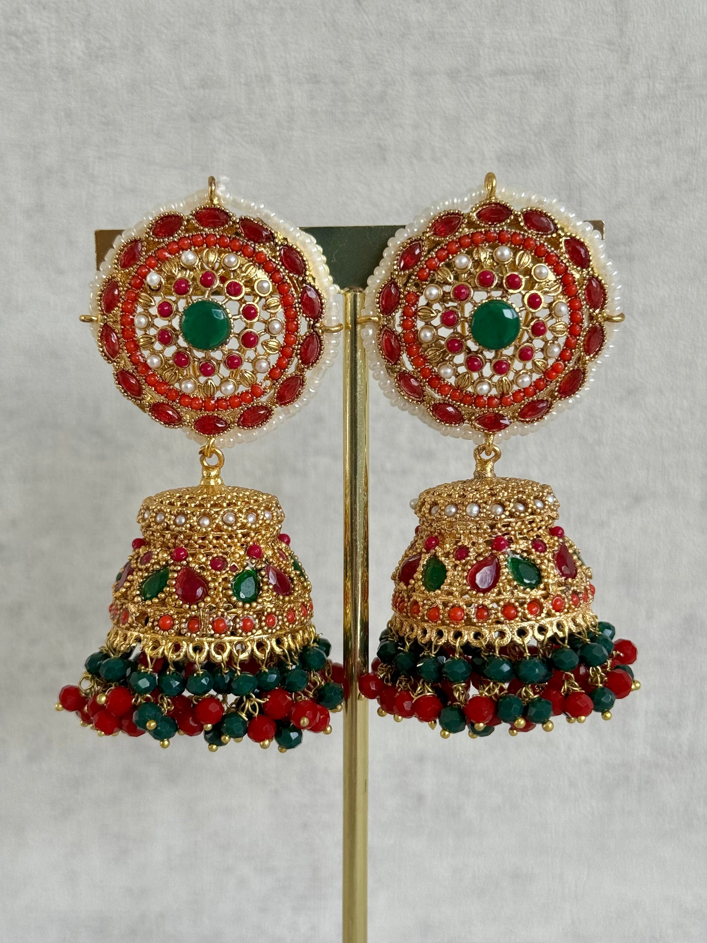 Ayura Designs Lubna Choker Set with Jhumkis & Ring – Ruby Red, Emerald Green & Pearl Detailing in Antique Gold Finish
