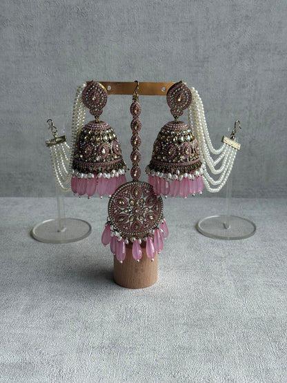 Ayura Designs Amrita Tikka Set – Jhumkis with Sahare & Tikka in Blush Pink, Pearls and Antique Gold Finish