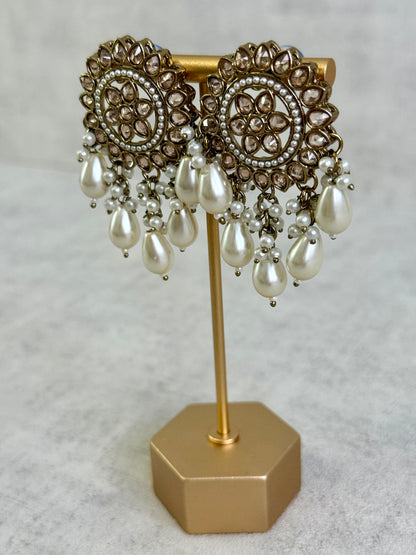 Ayura Designs Aynoor Lotus Ring Earrings – Antique Gold Finish with Mirror-Cut Stones & Pearl Drops