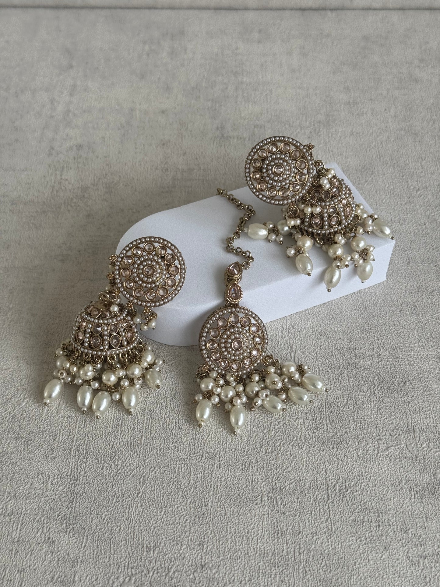 Ayura Designs Noorza Set with Jhumkis and Tikka – Pearl White Stones, Antique Gold & Polki Finish
