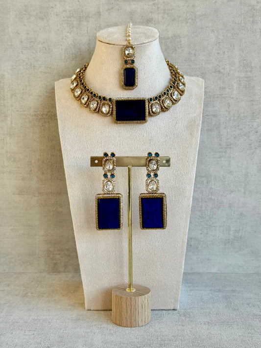 Ayura Designs Clara Set with Earrings & Tikka  – Royal Blue Stones with Moissanite and Antique Gold Finish