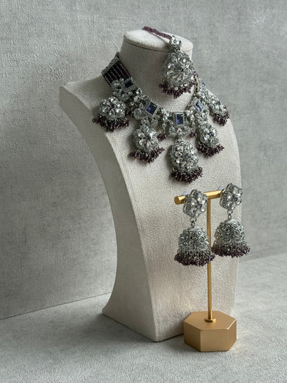 Ayura Designs Zarghuna Set with Jhumkis & Tikka – Mauve Beads, Mirror-Cut Stones & Silver Finish