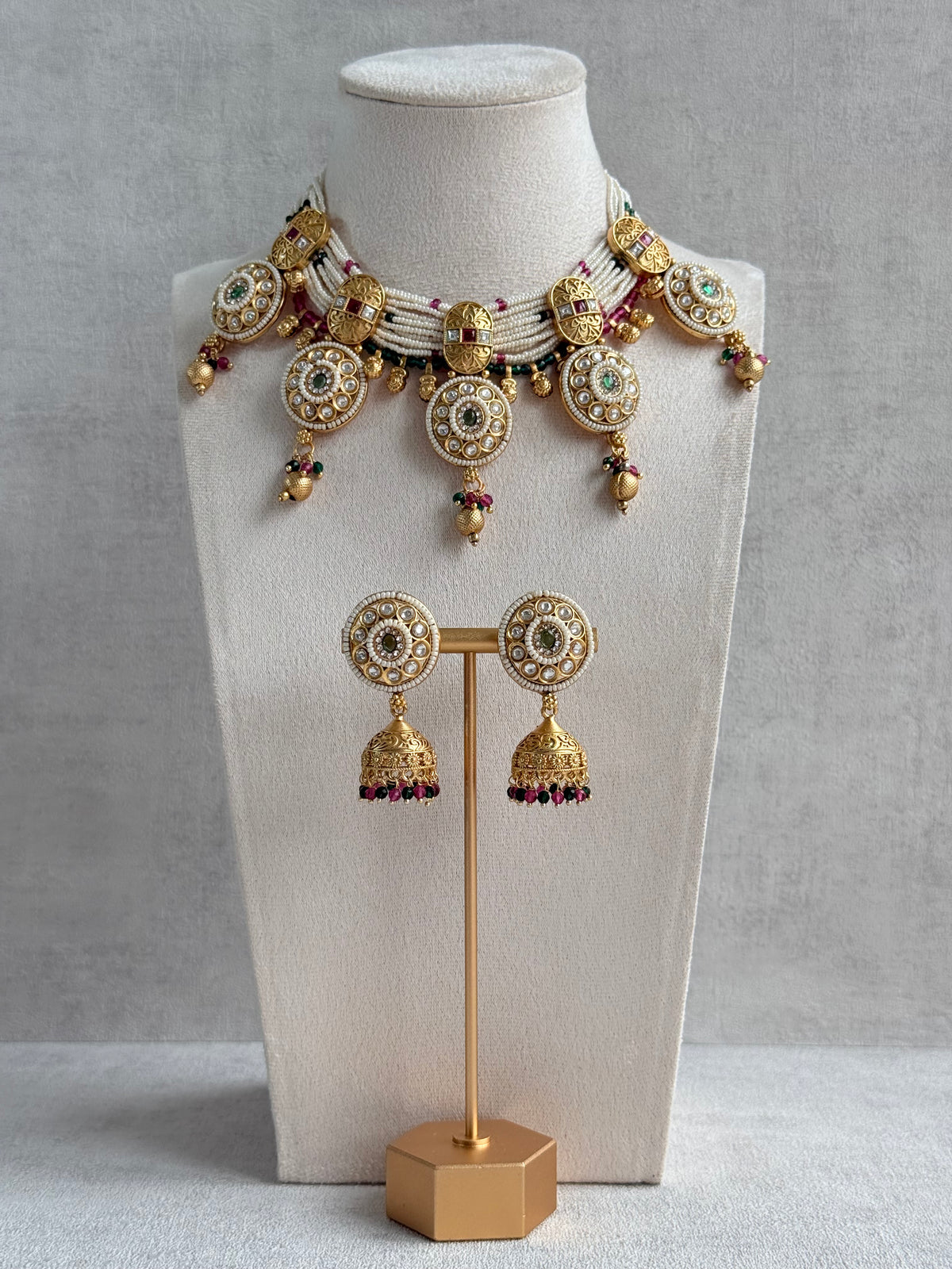 Ayura Designs Kesar Necklace Set with Jhumkis – Multi-Strand Pearl Design, Kundan, Rani Pink & Green Stones & Gold Finish