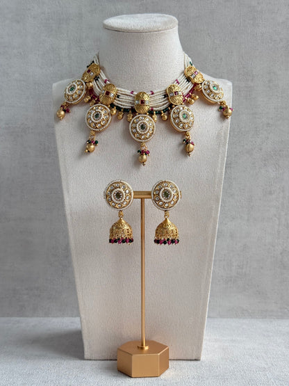 Ayura Designs Kesar Necklace Set with Jhumkis – Multi-Strand Pearl Design, Kundan, Rani Pink & Green Stones & Gold Finish