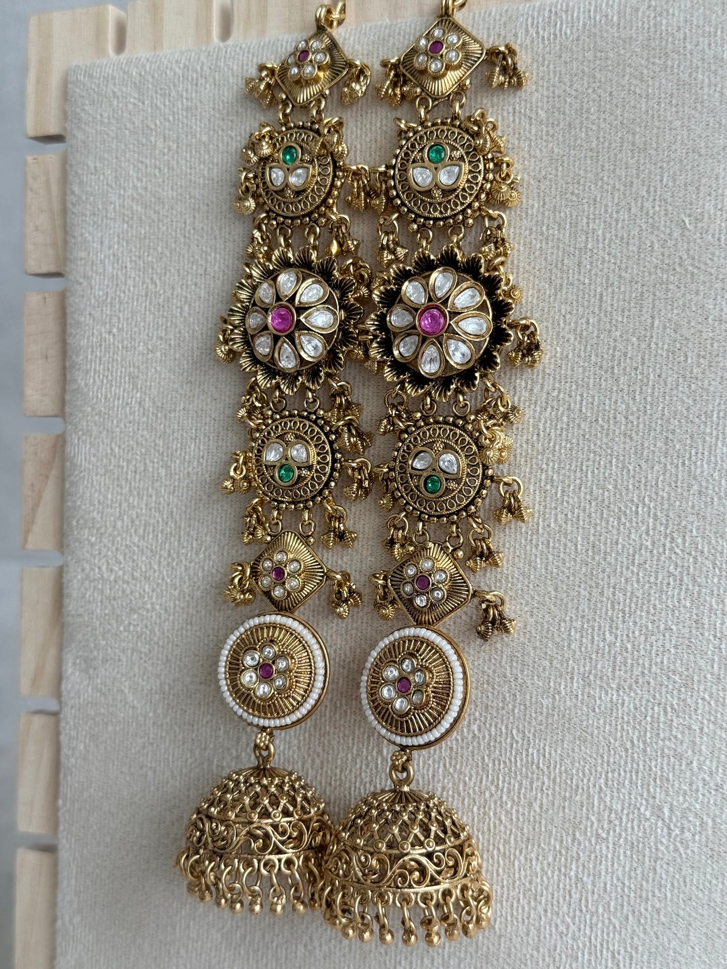 Ayura Designs Sabina Jhumkis with Detachable Sahare – Multicolour Kundan & Antique Gold Finish