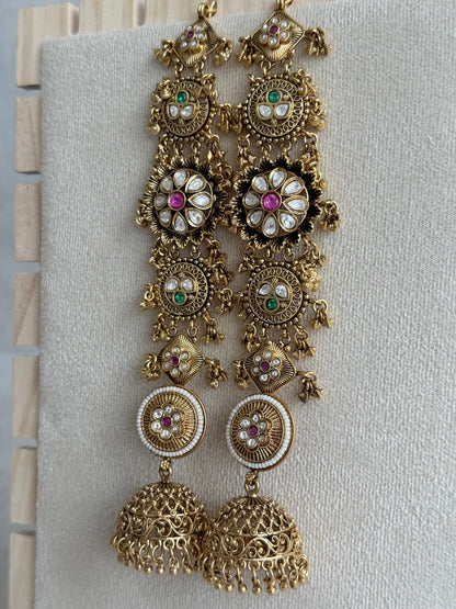 Ayura Designs Sabina Jhumkis with Detachable Sahare – Multicolour Kundan & Antique Gold Finish