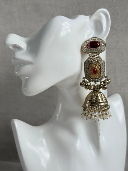 Ayura Designs Maara Jhumkis – Champagne Gold with Ruby Red Stones, Crystals, Ghungroos & Pearl Detailing