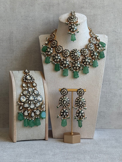 Ayura Designs Sumaira Set with Passa – Necklace, Earrings, Tikka & Passa with Kundan, Green Meenakari Detailing & Jade Green Drops