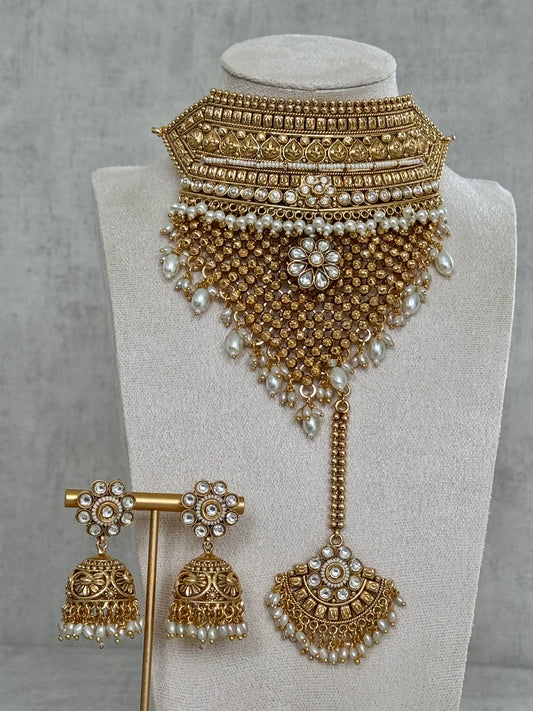 Ayura Designs Zuri Set with Tikka and Jhumkis - Antique Gold, Pearls and Kundan Work