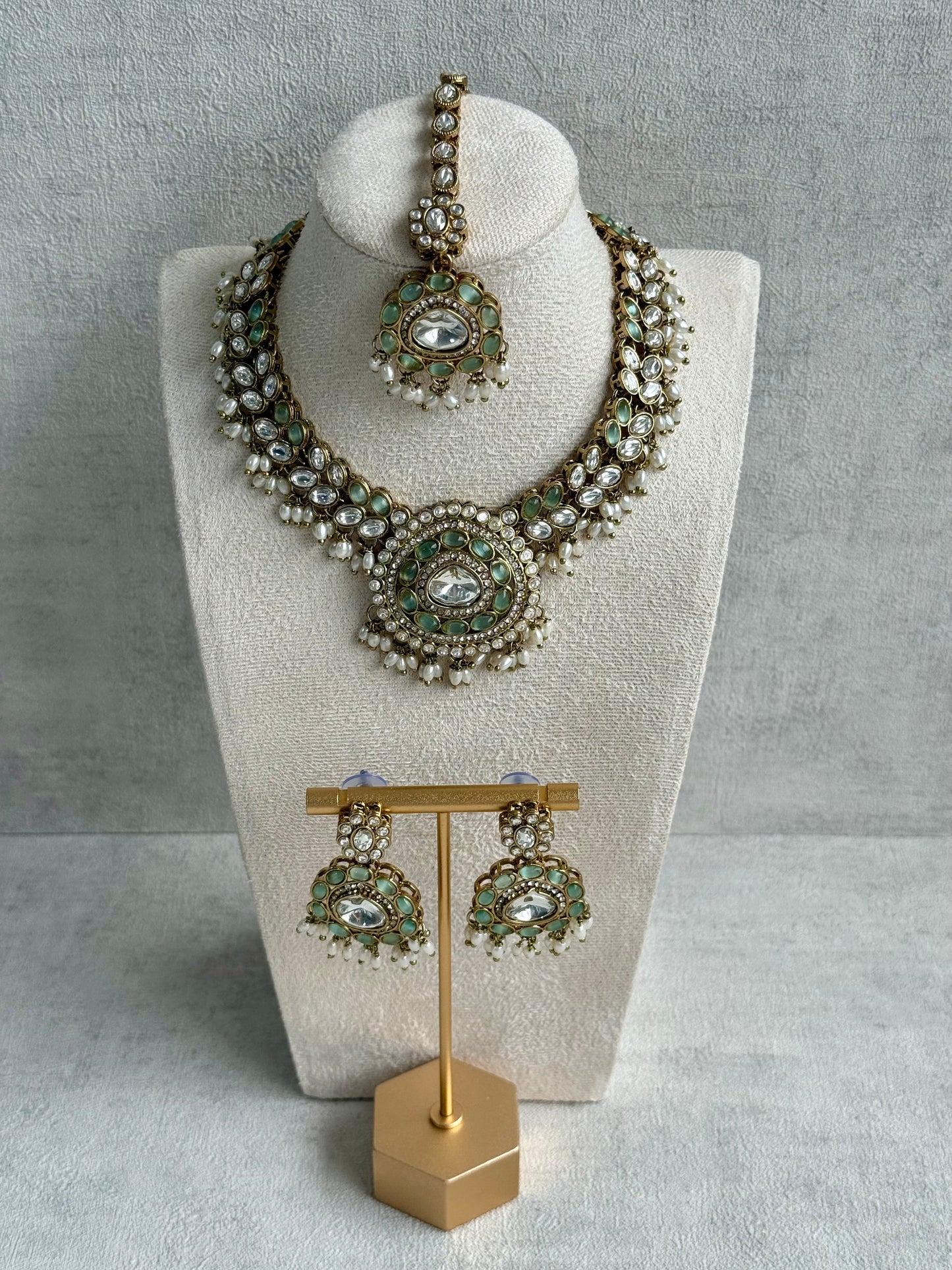 Ayura Designs Warda Set with Earrings & Tikka – Pistachio Green Ovals, Mirror-Cut Stones & Ivory Pearls