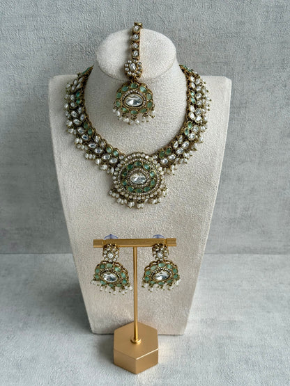 Ayura Designs Warda Set with Earrings & Tikka – Pistachio Green Ovals, Mirror-Cut Stones & Ivory Pearls