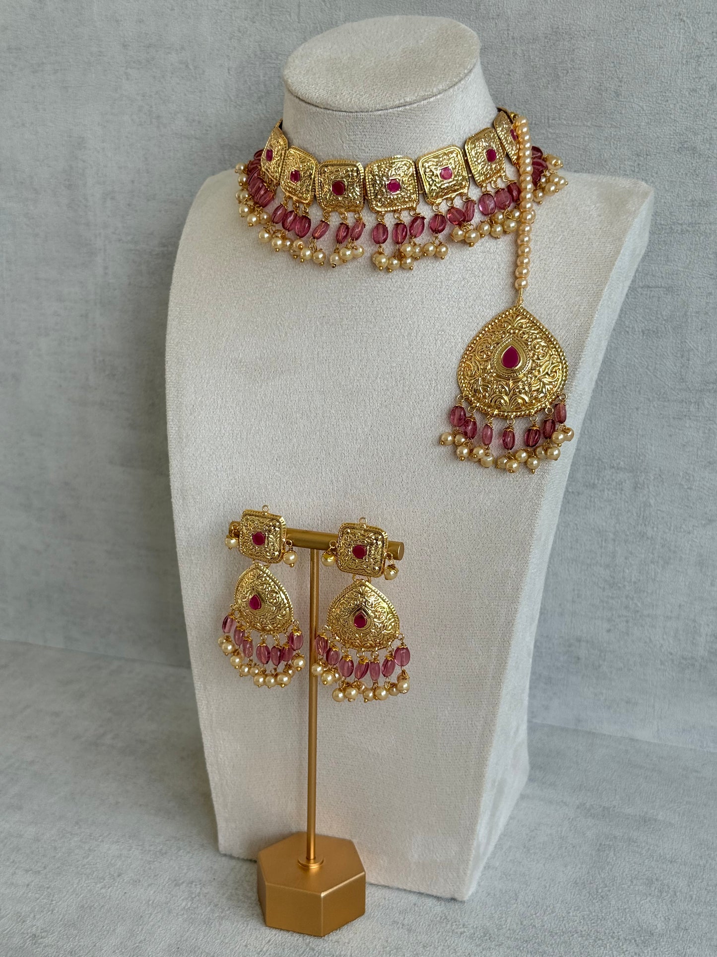 Ayura Designs Chetna Choker Set with Earrings & Tikka – Rani Pink Beads, Cream Pearl Drops with Pipal Patti Detailing