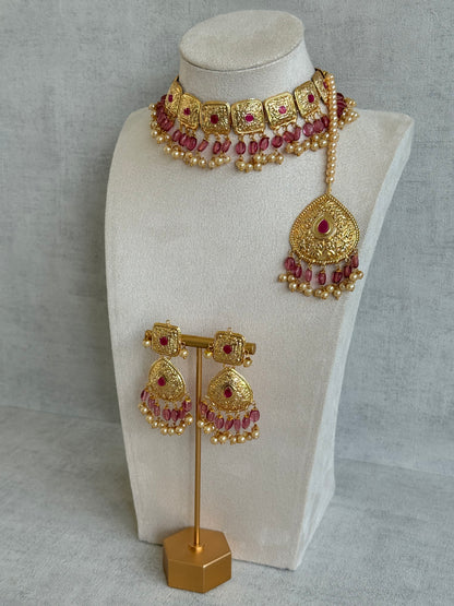 Ayura Designs Chetna Choker Set with Earrings & Tikka – Rani Pink Beads, Cream Pearl Drops with Pipal Patti Detailing