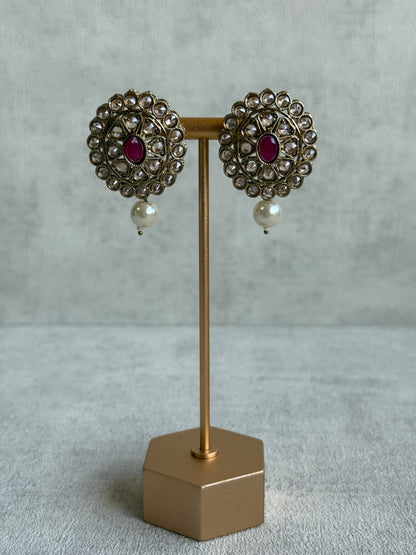 Ayura Designs Sania Set with Necklace, Earrings & Tikka – Ruby Red Stones, Kundan Detailing & Antique Gold Finish