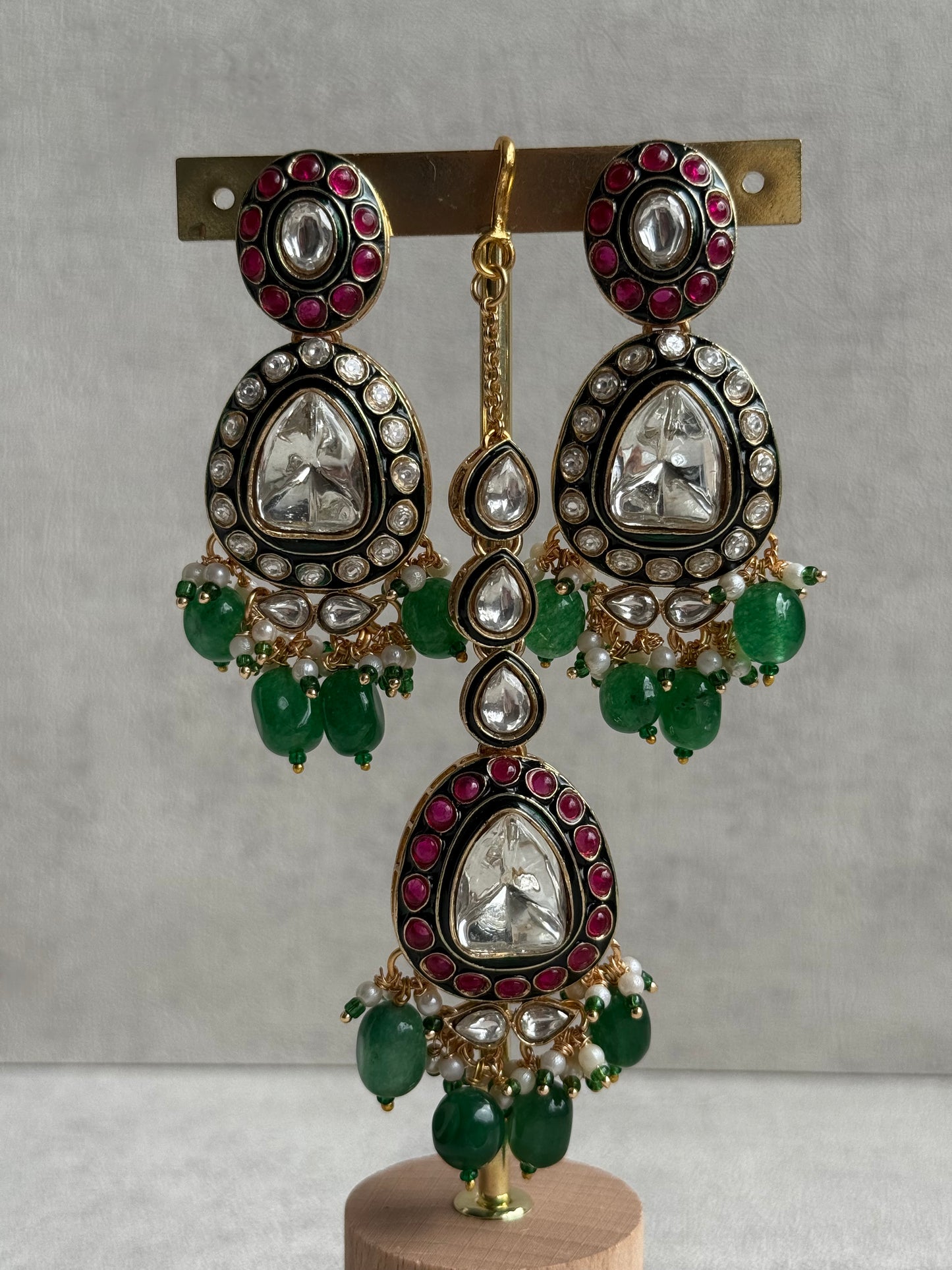 Ayura Designs Amaya Set with Necklace, Earrings & Tikka – Mirror-Cut Polki, Ruby Meenakari & Emerald Green Beads