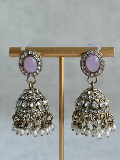 Ayura Designs Eira Necklace Set with Earrings & Tikka – Lilac & Crystal Stones with Antique Gold Finish