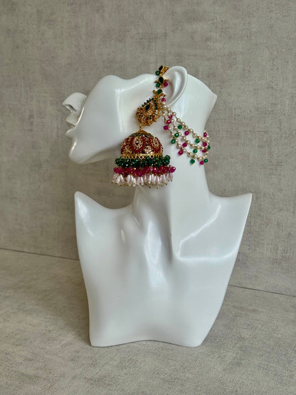 Ayura Designs Safia Tikka Set with Sahare Earrings – Multicolour (Emerald Green, Hot Pink & Ivory Beads)