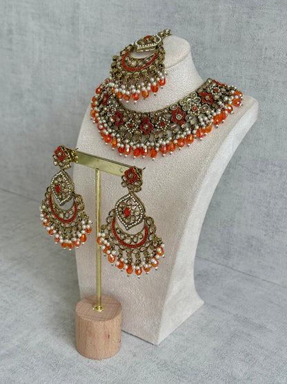 Ayura Designs Jazba Set with Necklace, Jhumkis & Tikka – Antique Gold, Mirror-Cut Stones, Pearl Detailing & Fiery Orange Beads