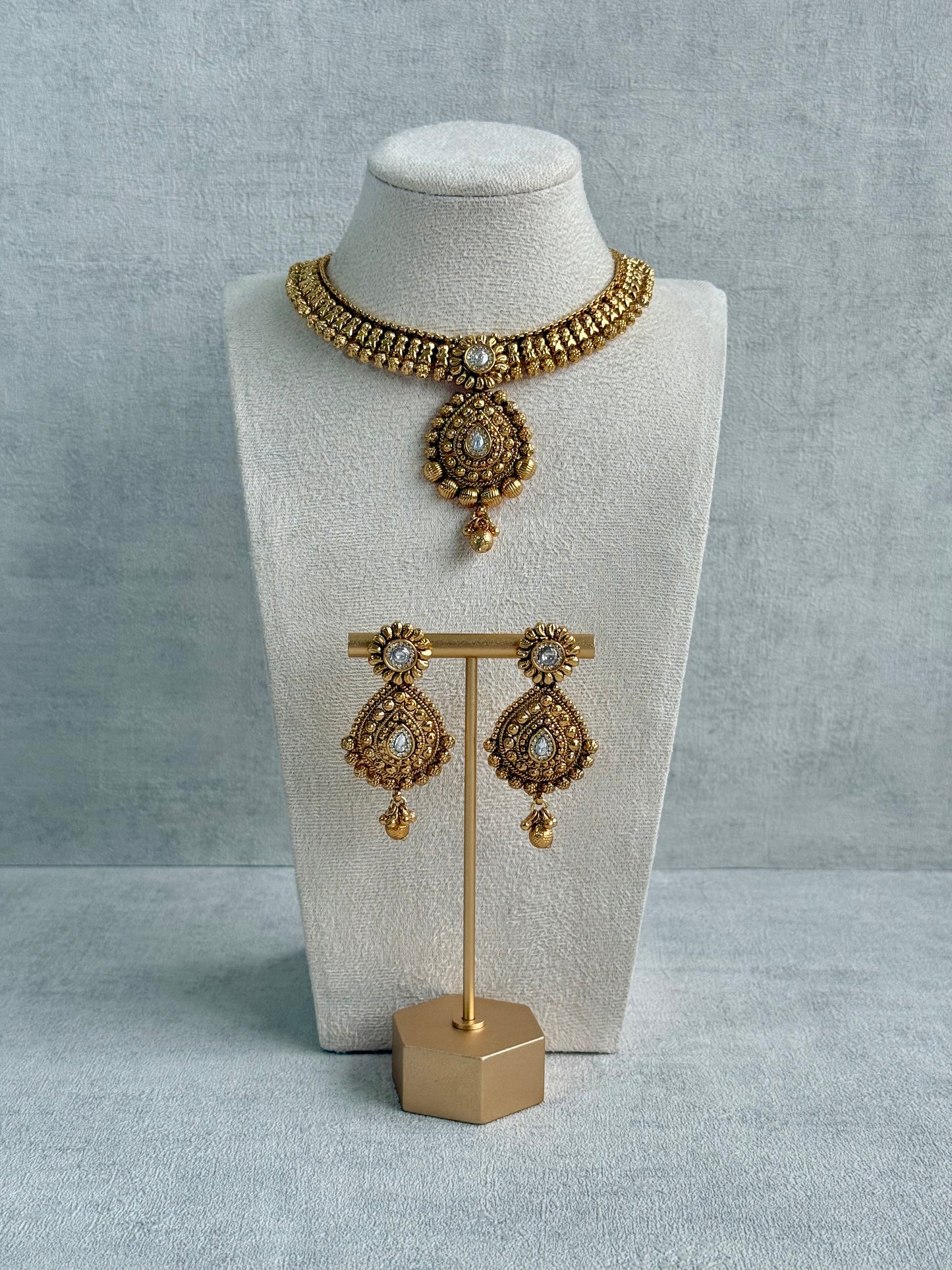Ayura Designs Ayma Necklace Set with Earrings – Antique Gold Finish with All-Crystal Detailing