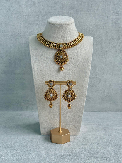 Ayura Designs Ayma Necklace Set with Earrings – Antique Gold Finish with All-Crystal Detailing