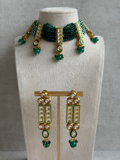 Ayura Designs Taanvi Choker Set – Emerald Green Beaded Choker & Earrings with Kundan Panels, Gold Finish & Drop Detailing