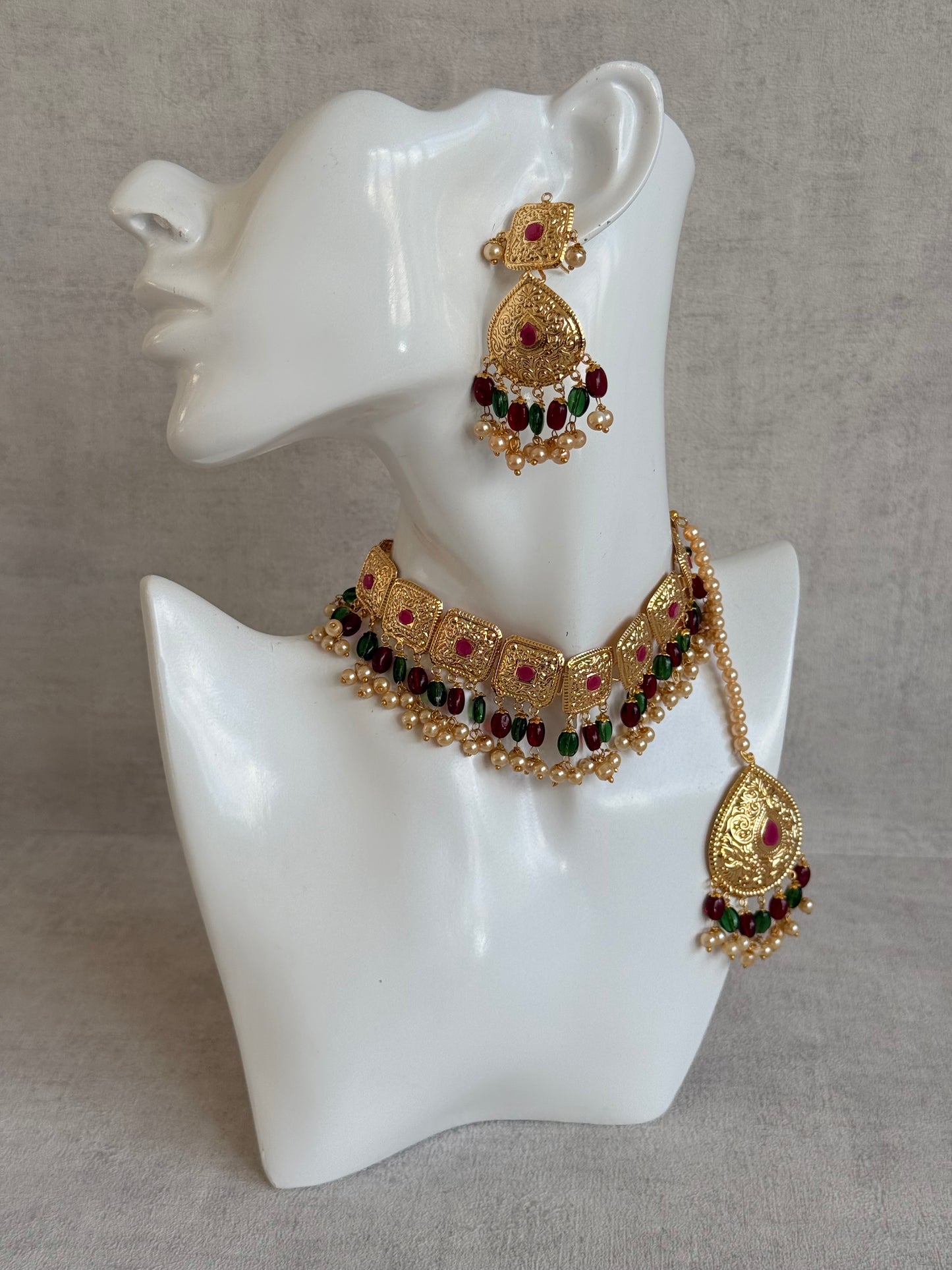 Ayura Designs Chetna Choker Set with Earrings & Tikka – Maroon & Emerald Green Beads, Cream Pearl Drops with Pipal Patti Detailing