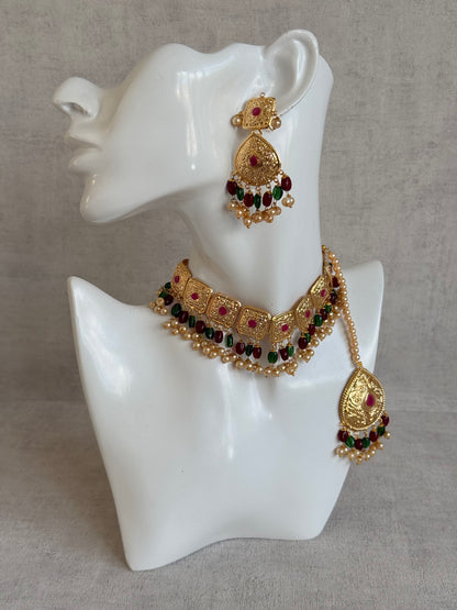 Ayura Designs Chetna Choker Set with Earrings & Tikka – Maroon & Emerald Green Beads, Cream Pearl Drops with Pipal Patti Detailing