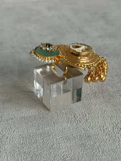 Ayura Designs Sorcha Adjustable Ring – Pistachio Green Enamel, Pearl Detailing, Antique Gold & Mirror-Cut Stones