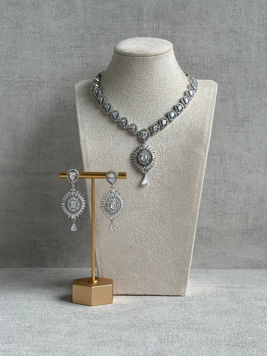 Ayura Designs Bella Set – Silver Necklace & Earrings with Teardrop Moissanite Stones & Radiant Halo Design