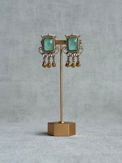 Ayura Designs Aleena Earrings – Aqua Jade Stone Stud Earrings with Pearls & Ghungroo Detailing
