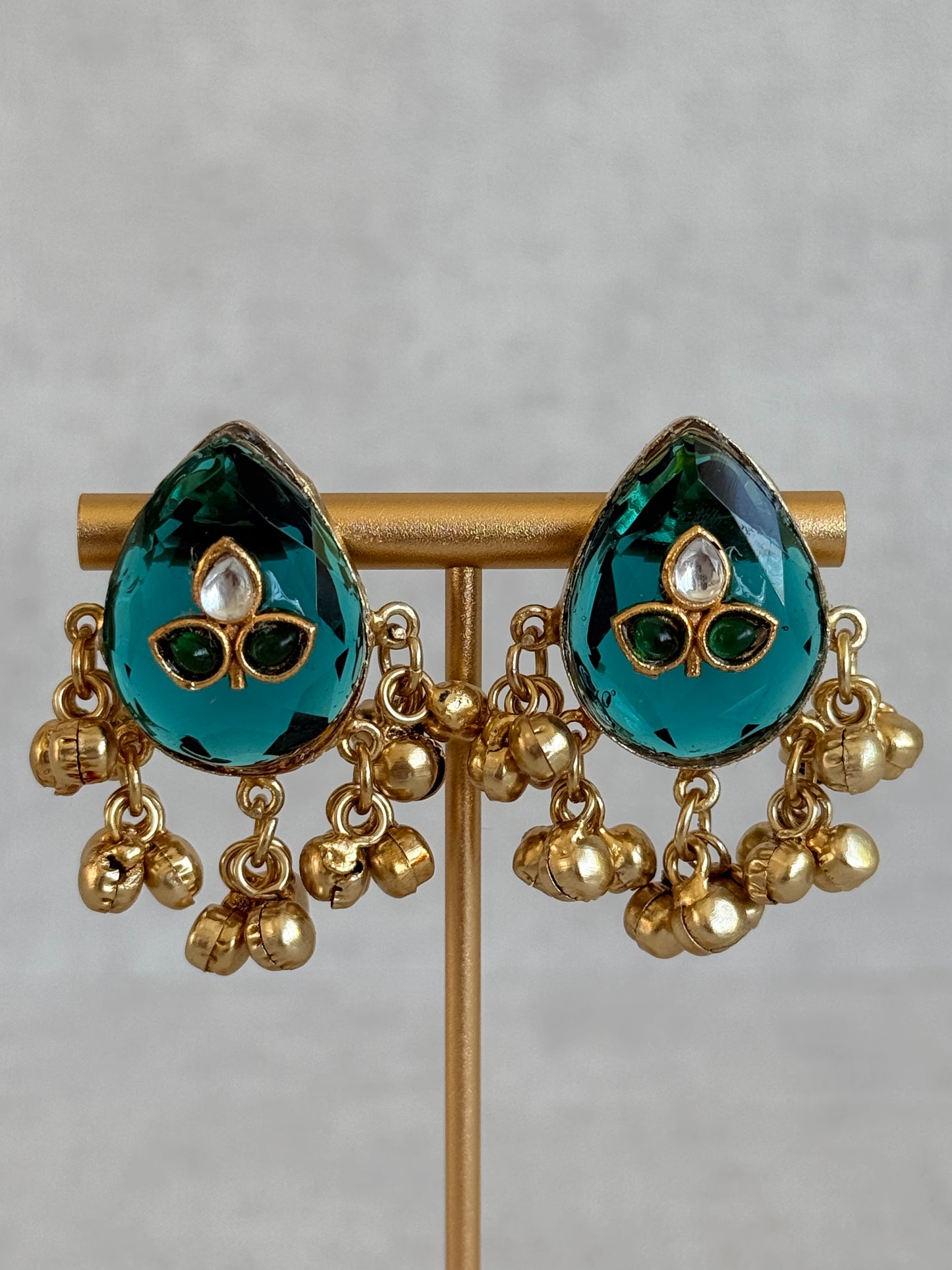 Ayura Designs Aykai Earrings – Teal Carved Teardrop Stud Earrings with Clear Kundan Stones and Gold Ghungroo Drops