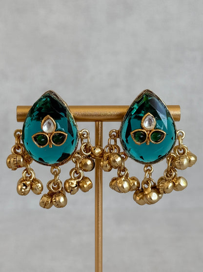 Ayura Designs Aykai Earrings – Teal Carved Teardrop Stud Earrings with Clear Kundan Stones and Gold Ghungroo Drops