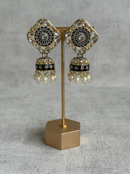 Ayura Designs Rangoli Jhumkis – Silver, Black & Ivory Meenakari with Pearl Drops in Antique Gold Finish