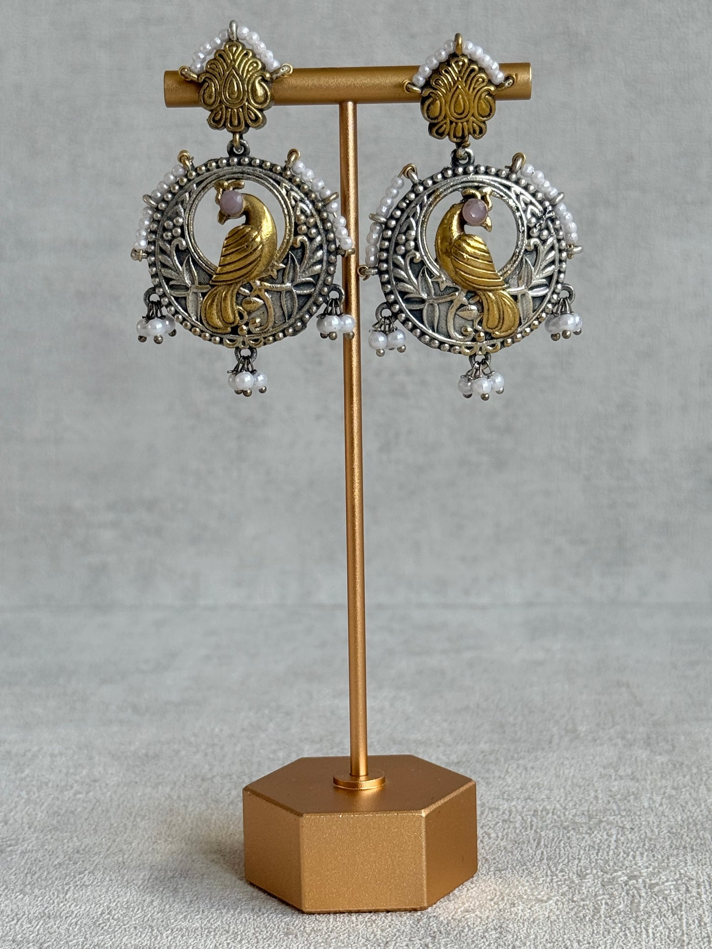Ayura Designs Dilara Earrings – Oxidised Peacock Earrings with Pearl Detailing & Dual Tone Finish