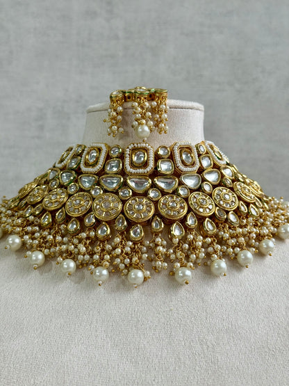 Ayura Designs Suhana Bridal Set with Necklace, Earrings & Tikka – Kundan Stones with Pearl Detailing in Antique Gold Finish