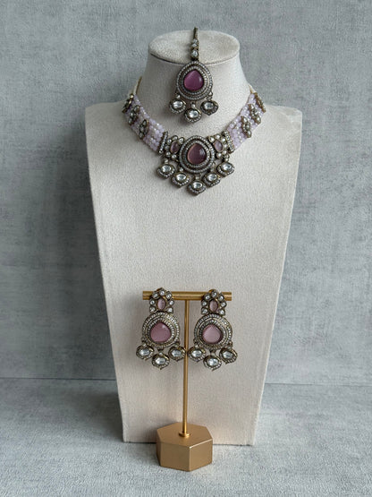 Ayura Designs Rahi Necklace Set with Earrings & Tikka – Blush Pink Stones with Mirror-Cut Detailing & Pearl Strands