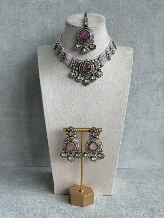 Ayura Designs Rahi Necklace Set with Earrings & Tikka – Blush Pink Stones with Mirror-Cut Detailing & Pearl Strands