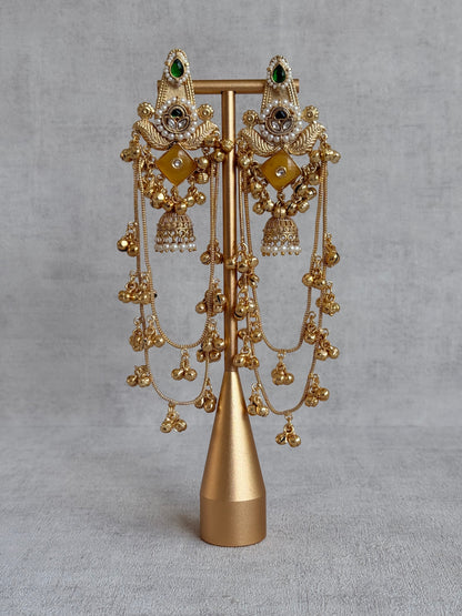 Ayura Designs Simal Earrings – Kashmiri Earrings with Amber Stone, Multicoloured Detailing, Layered Ghungroo Chains & Jhumkis