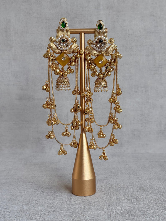 Ayura Designs Simal Earrings – Kashmiri Earrings with Amber Stone, Multicoloured Detailing, Layered Ghungroo Chains & Jhumkis