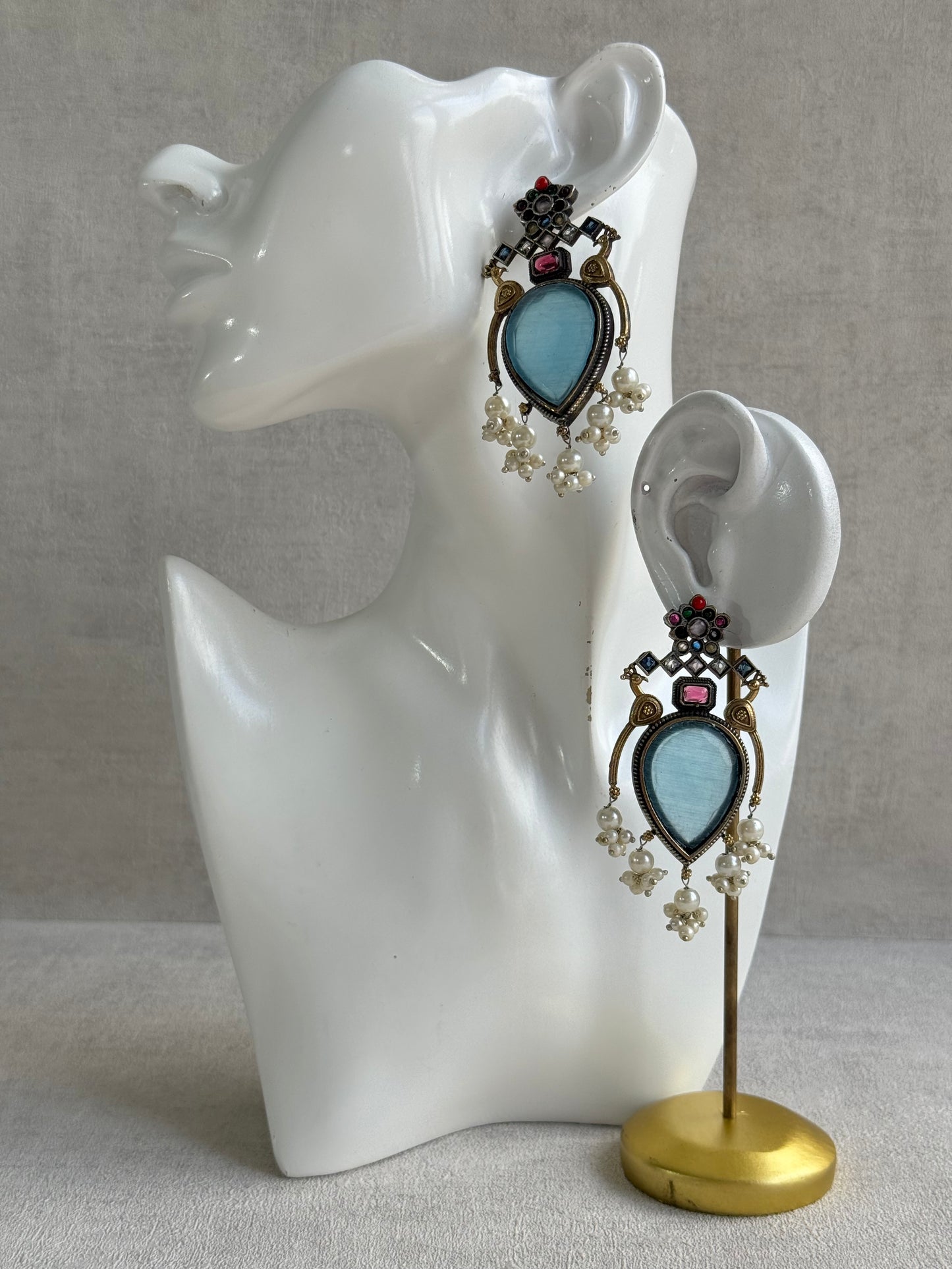 Ayura Designs Kafila Earrings – Dual Tone Oxidised Earrings with Peacock Motifs, Aqua Blue & Multicolour Stones