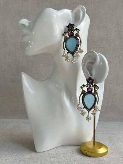 Ayura Designs Kafila Earrings – Dual Tone Oxidised Earrings with Peacock Motifs, Aqua Blue & Multicolour Stones