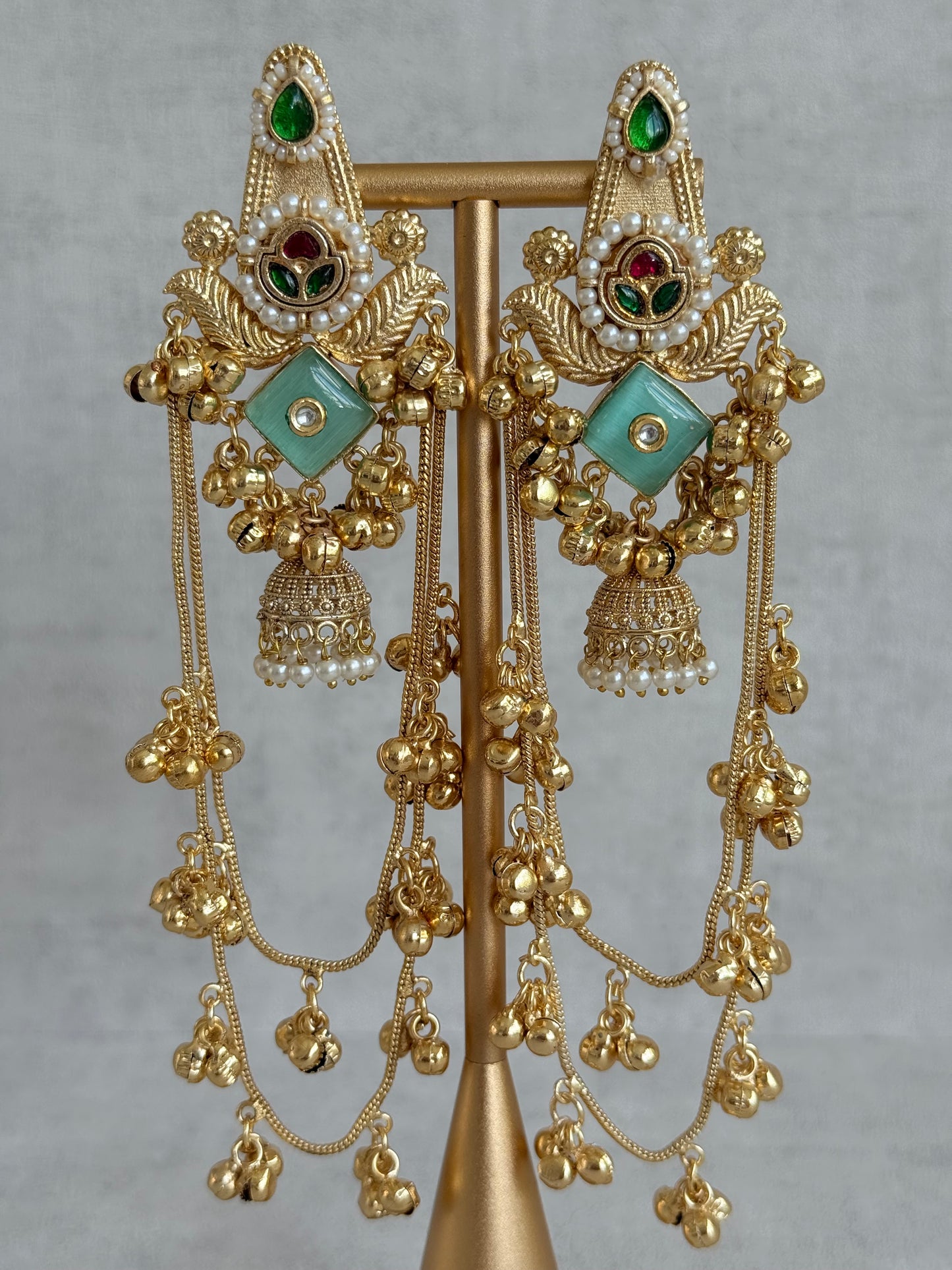 Ayura Designs Simal Earrings – Kashmiri Earrings with Mint Stone, Multicoloured Detailing, Layered Ghungroo Chains & Jhumkis