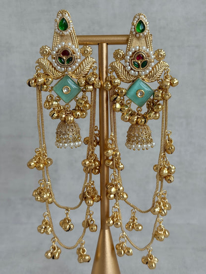 Ayura Designs Simal Earrings – Kashmiri Earrings with Mint Stone, Multicoloured Detailing, Layered Ghungroo Chains & Jhumkis