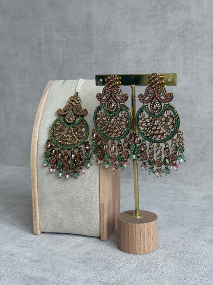 Ayura Designs Anvi Tikka Set with Earrings – Blush Pink & Mint Green with Champagne Stones & Pearl Drops